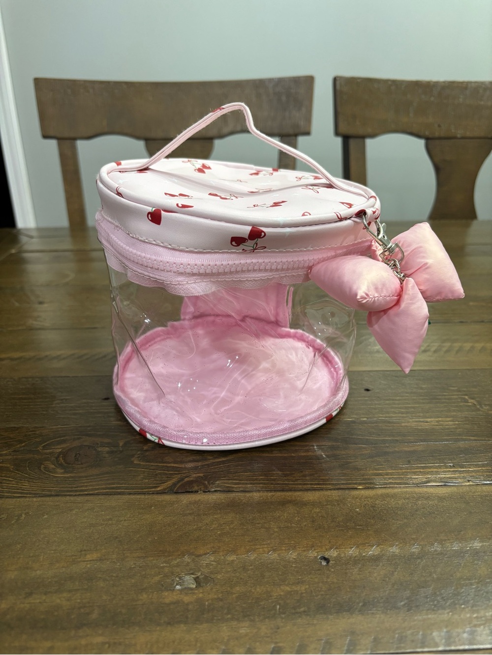 Cherry and Bow Themed Cosmetics Case with Glitter PVC Body